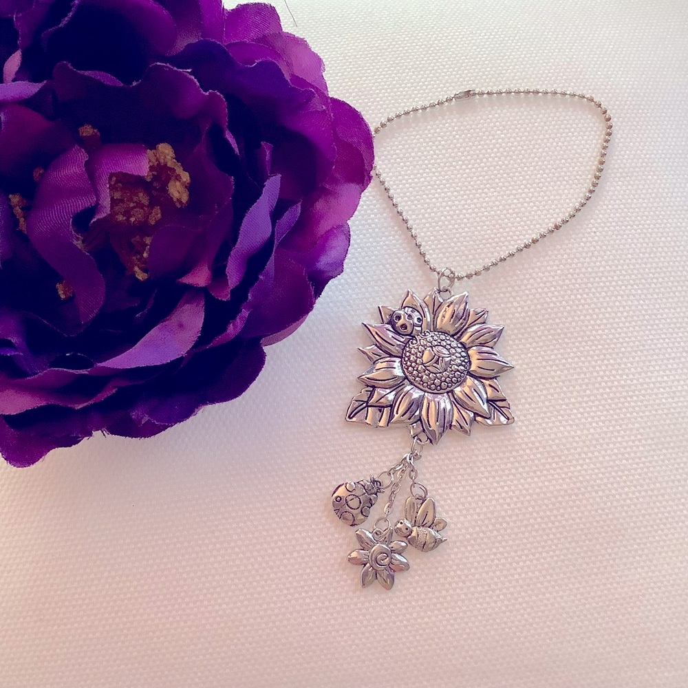 Silver-tone Sunflower Handbag Charm/Keychain with Ladybugs and Bumblebee